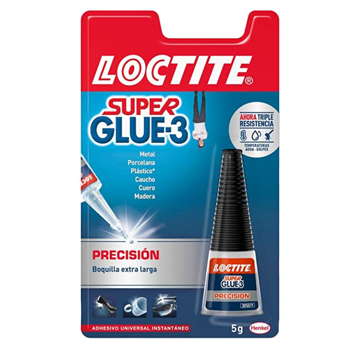 La fórmula líquida de Loctite Super Glue-3 es versátil, rápida y fuerte.  Las uniones son limpias y transparentes y aseguran una