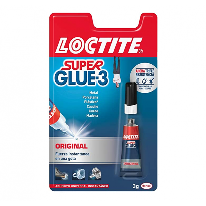 La fórmula líquida de Loctite Super Glue-3 es versátil, rápida y fuerte.  Las uniones son limpias y transparentes y aseguran una